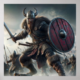 Majestueuze grijs-schalen strijd felle Viking aanv Poster
