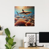 Majestueuze haaien zwemmen tussen levendige korale poster (Thuiskantoor)