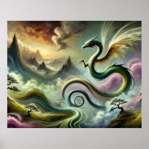 Majestueuze hemelse draak boven Fantasy Mountains Poster