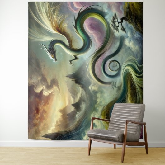 Majestueuze hemelse draak boven Fantasy Mountains Wandkleed (In situ)