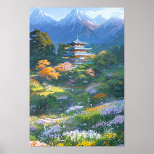 Majestueuze houten Japanse pagode Poster