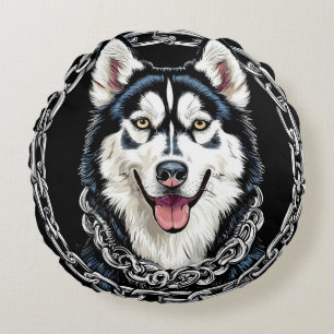 Majestueuze Husky-hond met Krachtige Kleuren Rond Kussen