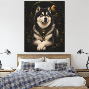 Majestueuze Husky Maneschijn Gouden Lijst Kunst Canvas Afdruk