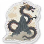 Majestueuze inktwash draak opgerold rond een berg sticker (Voorkant)