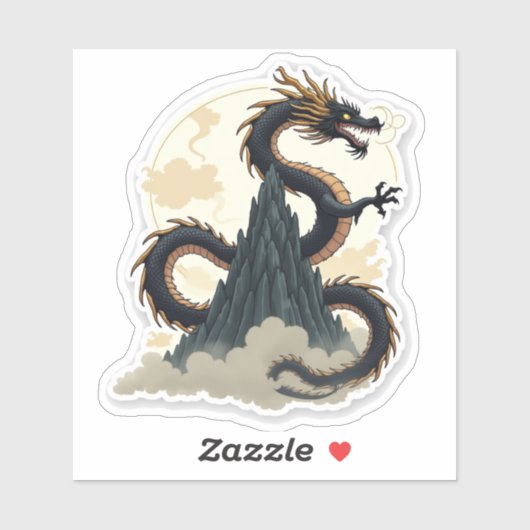 Majestueuze inktwash draak opgerold rond een berg sticker (Vel)