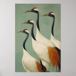 Majestueuze Japanse Kraanvogels Muurkunst Groen, O Poster