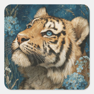 Majestueuze Jonge Tijger die omhoog kijkt in Bloem Vierkante Sticker