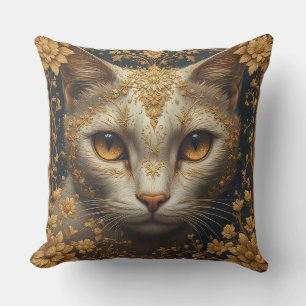 Majestueuze kat met sierlijke bloemdetails in goud kussen