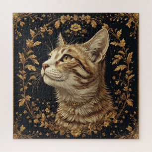 Majestueuze kat met sierlijke bloemdetails in goud legpuzzel