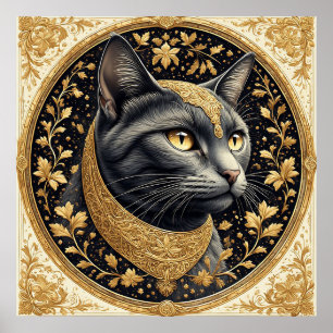 Majestueuze kat met sierlijke bloemdetails in goud poster