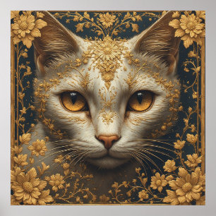 Majestueuze kat met sierlijke bloemdetails in goud poster