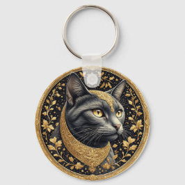 Majestueuze kat met sierlijke bloemdetails in goud sleutelhanger