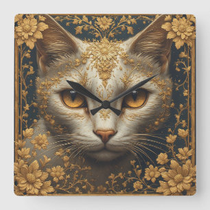 Majestueuze kat met sierlijke bloemdetails in goud vierkante klok