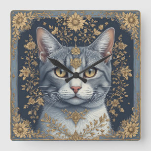 Majestueuze kat met sierlijke bloemdetails in goud vierkante klok