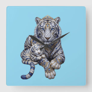 Majestueuze Koninklijke Gejewelde Witte Tijger Kun Vierkante Klok