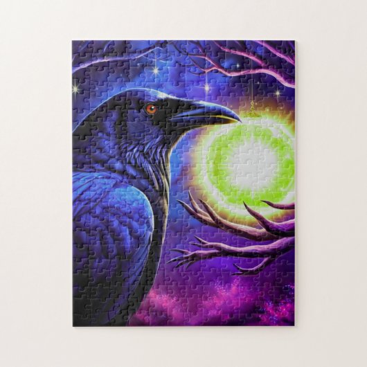 Majestueuze kraai kijkt naar gloeiende bol legpuzzel (Verticaal)