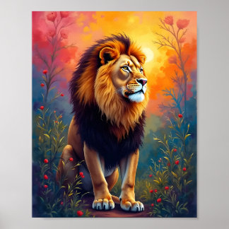 Majestueuze leeuw bij zonsondergang poster
