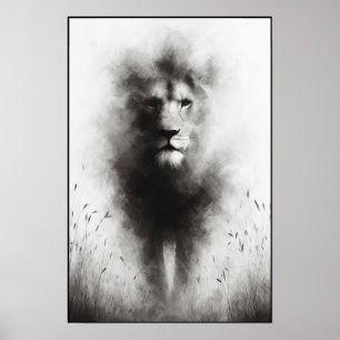 Majestueuze leeuw in zachte mist poster