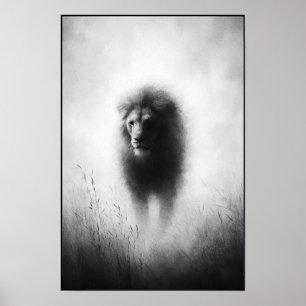 Majestueuze leeuw in zachte mist poster