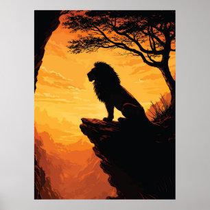 Majestueuze Leeuw Silhouet Zonsondergang Klif Boom Poster