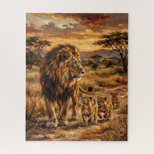Majestueuze Leeuwenfamilie – Gouden Savannah Kunst Legpuzzel