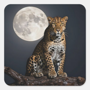 Majestueuze luipaard en volle maan vierkante sticker