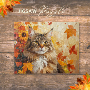 Majestueuze Maine Coon met herfstbladeren en zonne Legpuzzel