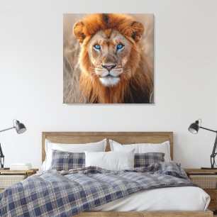 Majestueuze mannelijke leeuw met gloeiende blauwe canvas afdruk