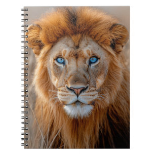 Majestueuze mannelijke leeuw met gloeiende blauwe notitieboek