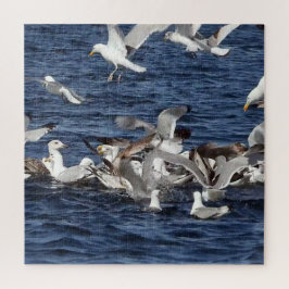 Majestueuze meeuwen die zandalen jagen boven oceaa legpuzzel