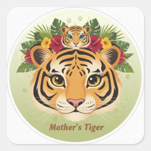 Majestueuze Moedertijger en Welp Bloemsticker - Ma Vierkante Sticker
