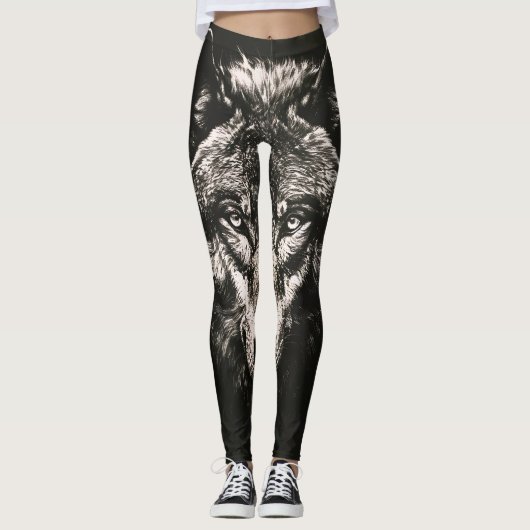 Majestueuze Monochrome Wilde Wolf Leggings (Voorkant)