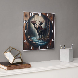 Majestueuze Moose aan de rivier in Dense Forest Vierkante Klok