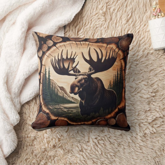 Majestueuze Moose in Woodland setting met boomstam Kussen (Deken)