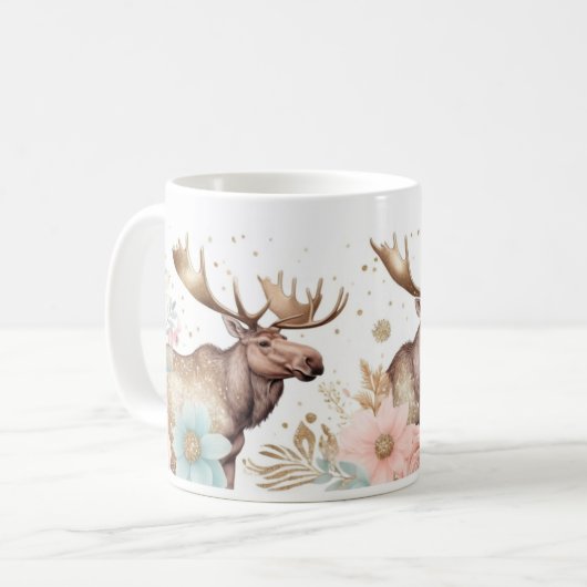 Majestueuze Moose met bloemenaccenten Koffiemok (Voorkant links)