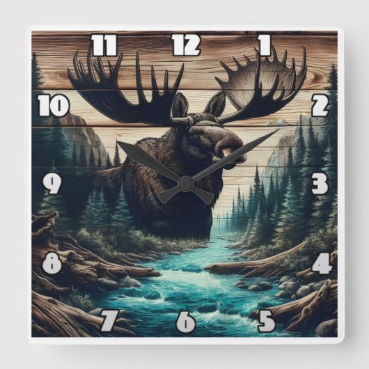 Majestueuze Moose met uitzicht op het serene rivie Vierkante Klok (Voorkant)