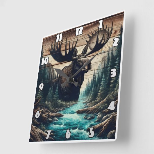 Majestueuze Moose met uitzicht op het serene rivie Vierkante Klok (Hoek)