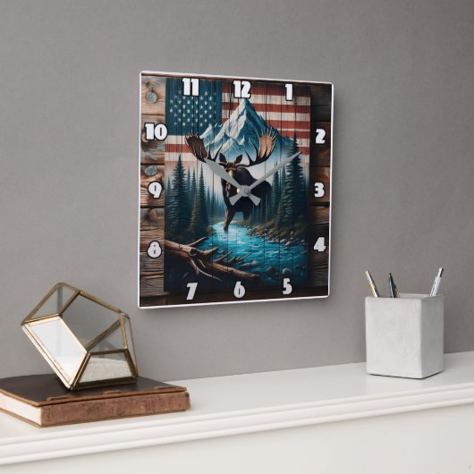 Majestueuze Moose tegen Amerikaanse vlag achtergro Vierkante Klok (Kantoor)