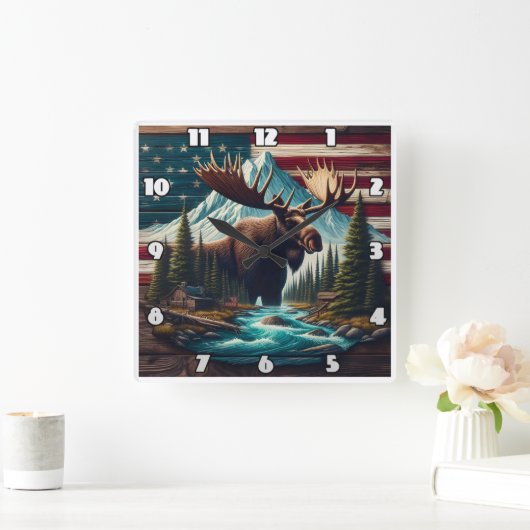 Majestueuze Moose tussen bergen en Amerikaanse vla Vierkante Klok (Huis)