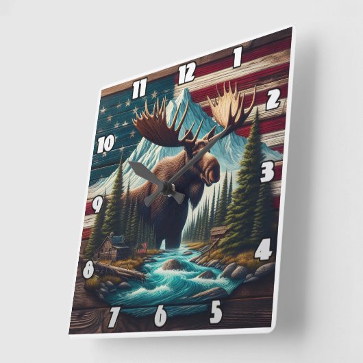 Majestueuze Moose tussen bergen en Amerikaanse vla Vierkante Klok (Hoek)