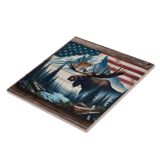 Majestueuze Moose voor bergen en vlag Tegeltje