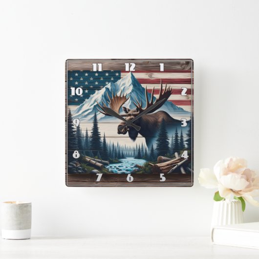 Majestueuze Moose voor bergen en vlag Vierkante Klok (Huis)
