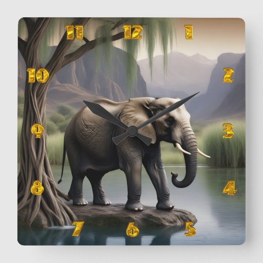 Majestueuze olifant bij de rustige dageraad van he vierkante klok (Voorkant)