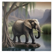 Majestueuze olifant bij rustige wateren bij zonson tegeltje (Voorkant)