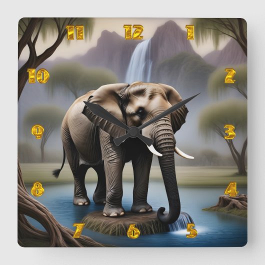 Majestueuze olifant bij rustige waterval in de sch vierkante klok (Voorkant)