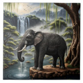 Majestueuze olifant Drink bij Serene Waterfall Tegeltje (Voorkant)