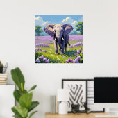 Majestueuze olifant wandelen in Lila veld schilder Poster (Thuiskantoor)