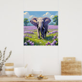 Majestueuze olifant wandelen in Lila veld schilder Poster (Keuken)