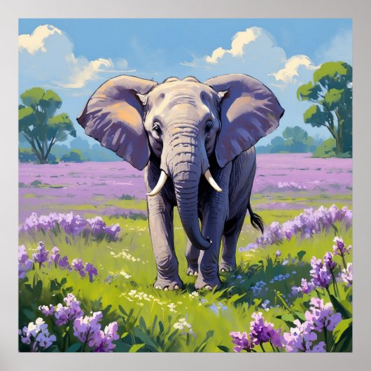 Majestueuze olifant wandelen in Lila veld schilder Poster (Voorkant)