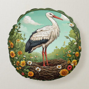 Majestueuze ooievaar rustend in een kleurrijk lent rond kussen